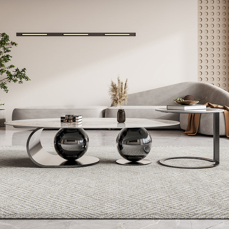 27" Wide Glam Coffee Table Stone Oval Black Coffee Cocktail Table