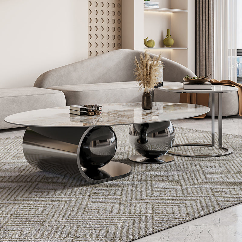 27" Wide Glam Coffee Table Stone Oval Black Coffee Cocktail Table