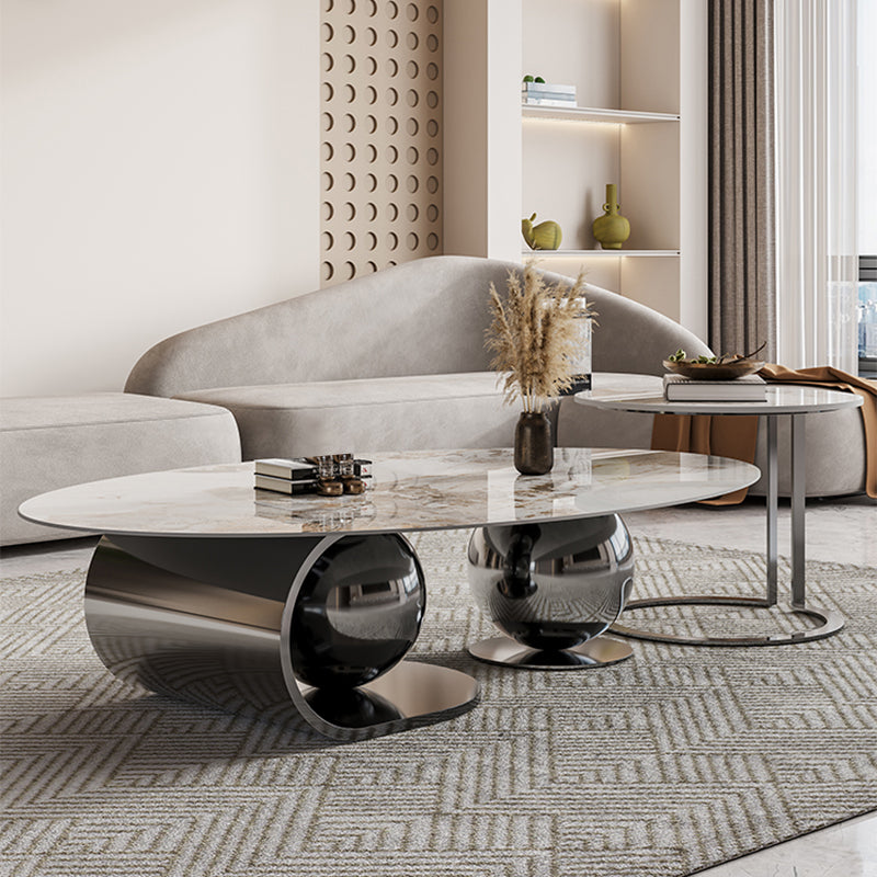 27" Wide Glam Coffee Table Stone Oval Black Coffee Cocktail Table