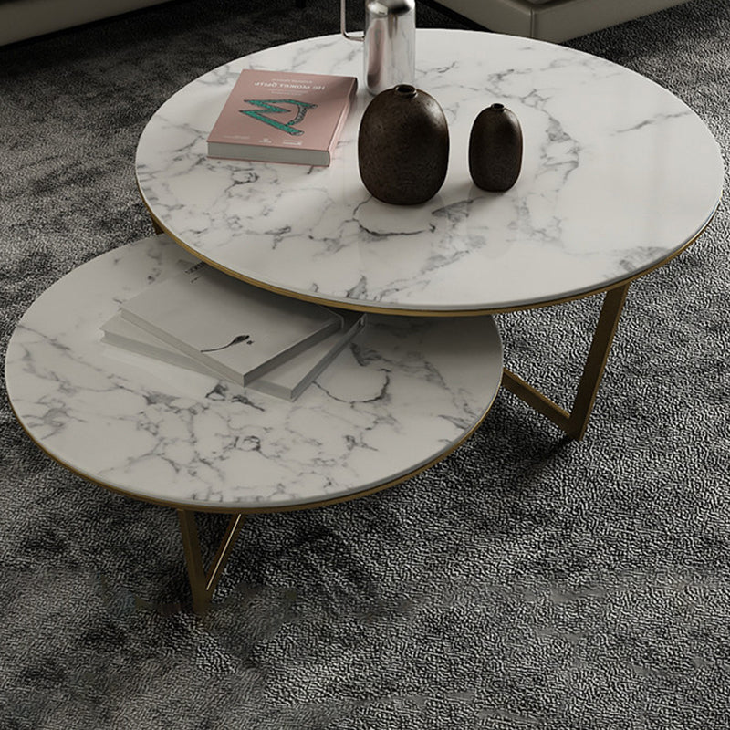 Glam White Frame Coffee Table Round Slate Top Cocktail Table