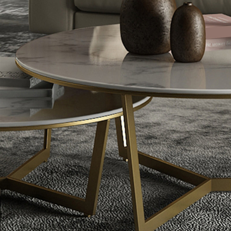 Glam White Frame Coffee Table Round Slate Top Cocktail Table