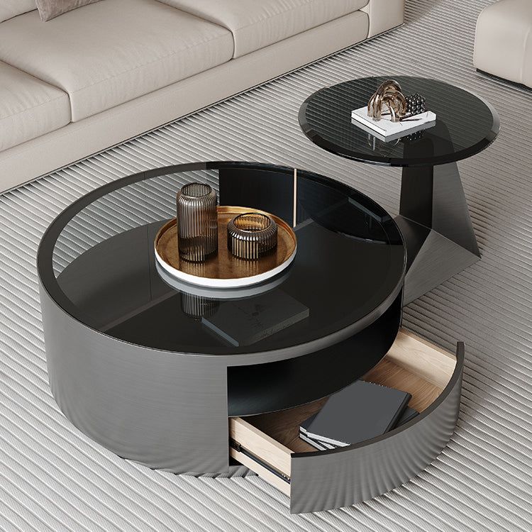 Contemporary Round Glass Coffee Table Set 1-Drawer 2 Piece Bunching Tables