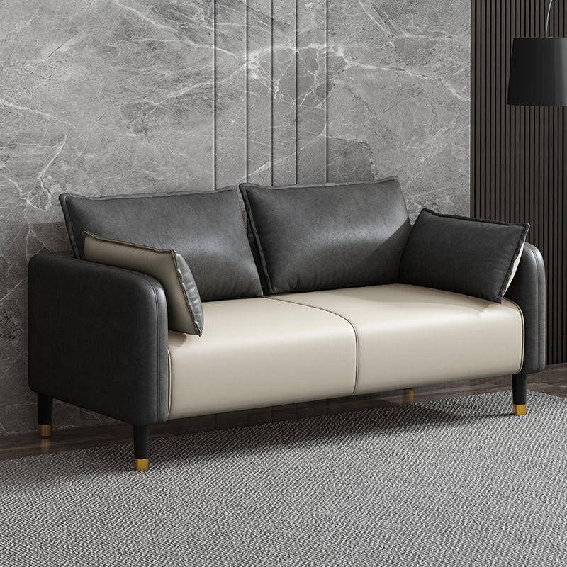 Modern 2-seat Sofa Faux Leather Tuxedo Arm Sofa with 2 Pillows