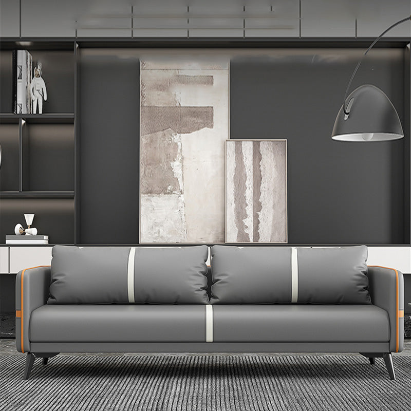 Contemporary Gray Sofa Faux Leather Square Arm Sofa with Pillows