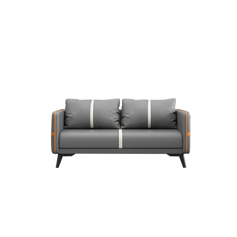 Contemporary Gray Sofa Faux Leather Square Arm Sofa with Pillows