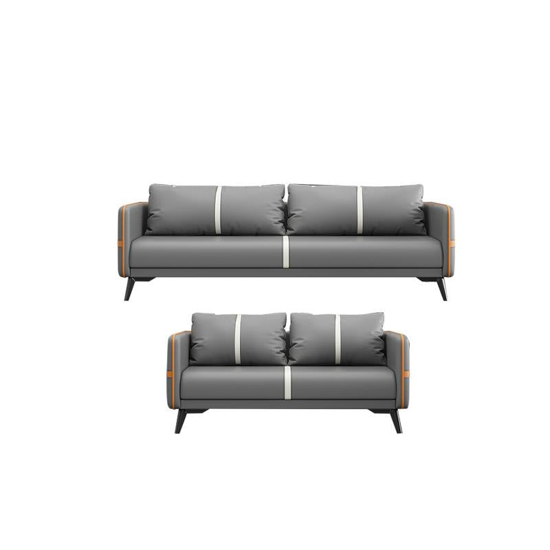 Contemporary Gray Sofa Faux Leather Square Arm Sofa with Pillows