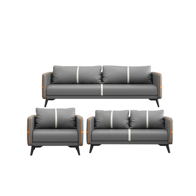 Contemporary Gray Sofa Faux Leather Square Arm Sofa with Pillows