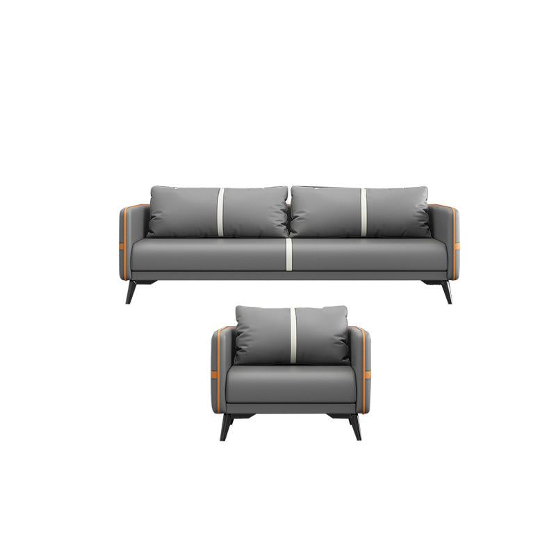 Contemporary Gray Sofa Faux Leather Square Arm Sofa with Pillows