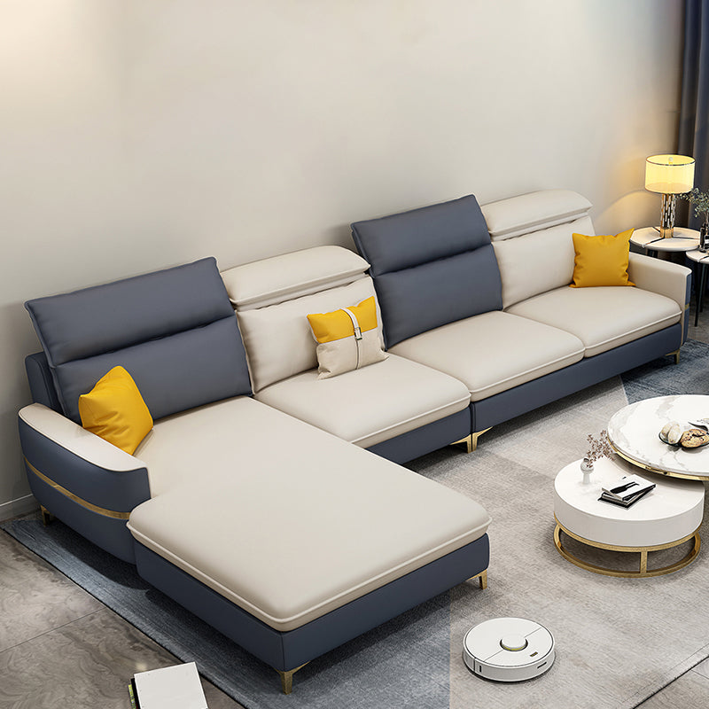 Glam Sectional Sofa Beige Leather Sectional with Bostol Pillows