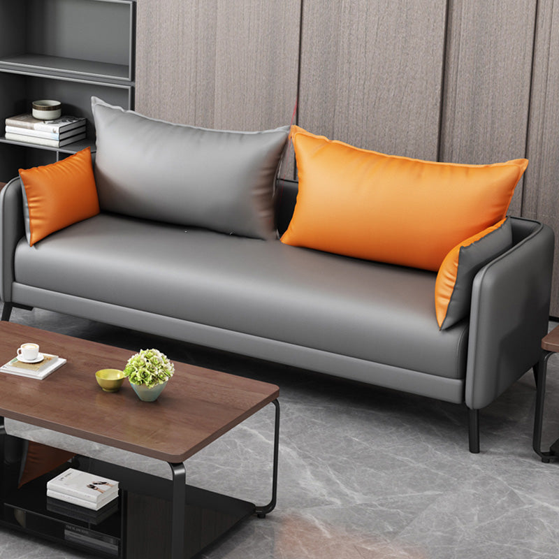 Contemporary Sofa Faux Leather Square Arm Sofa with Pillows for Apartment