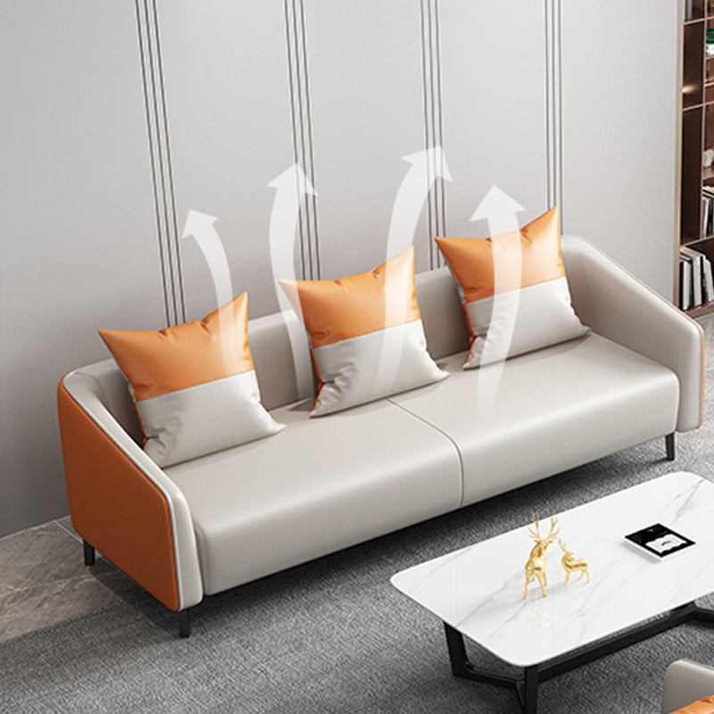 Contemporary Orange Sofa Faux Leather Tuxedo Arm Sofa with Pillows for Apartment