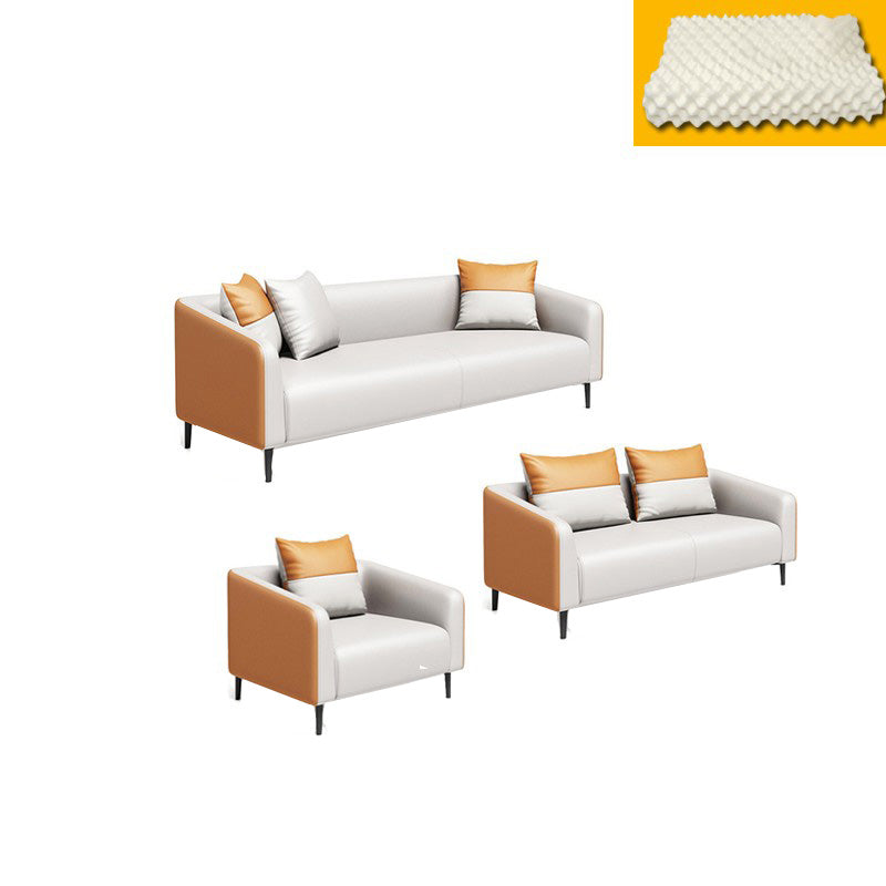 Contemporary Orange Sofa Faux Leather Tuxedo Arm Sofa with Pillows for Apartment