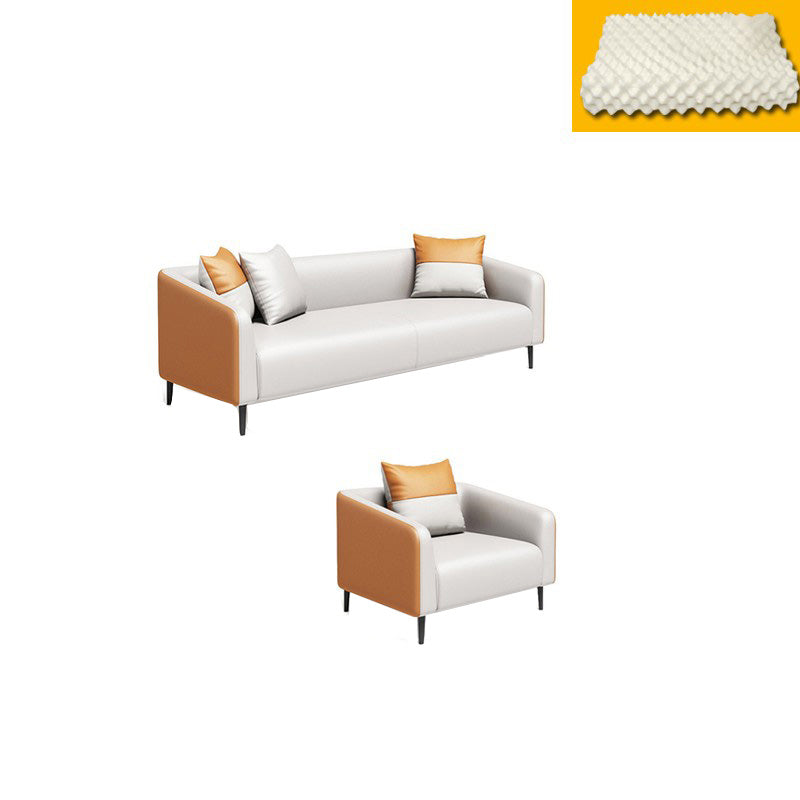 Contemporary Orange Sofa Faux Leather Tuxedo Arm Sofa with Pillows for Apartment