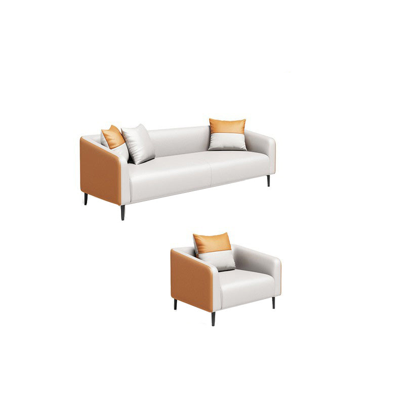 Contemporary Orange Sofa Faux Leather Tuxedo Arm Sofa with Pillows for Apartment