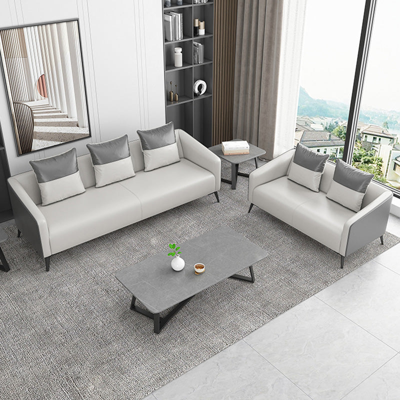 Gray Contemporary Sofa Faux Leather Tuxedo Arm Sofa with Pillows