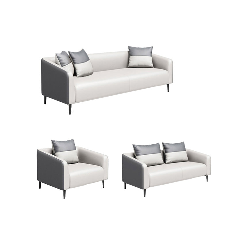 Gray Contemporary Sofa Faux Leather Tuxedo Arm Sofa with Pillows