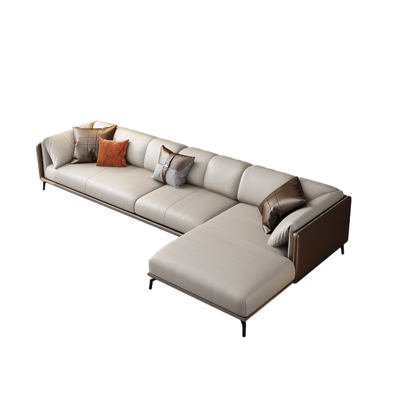 Genuine Leather Tuxedo Arm Sofa Contemporary Brown Sofa with Cushions