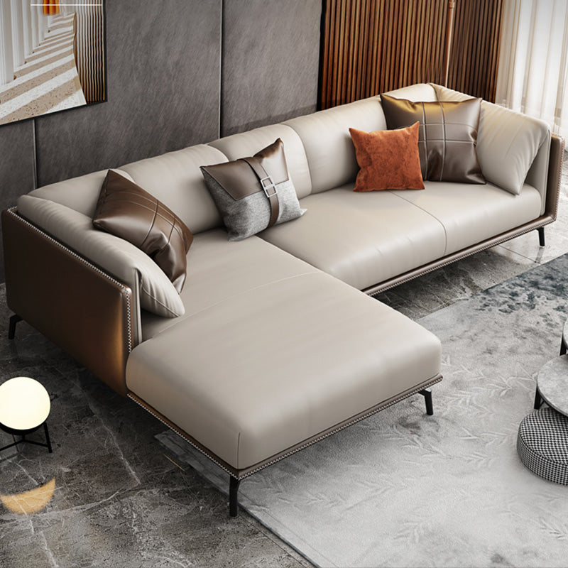Genuine Leather Tuxedo Arm Sofa Contemporary Brown Sofa with Cushions