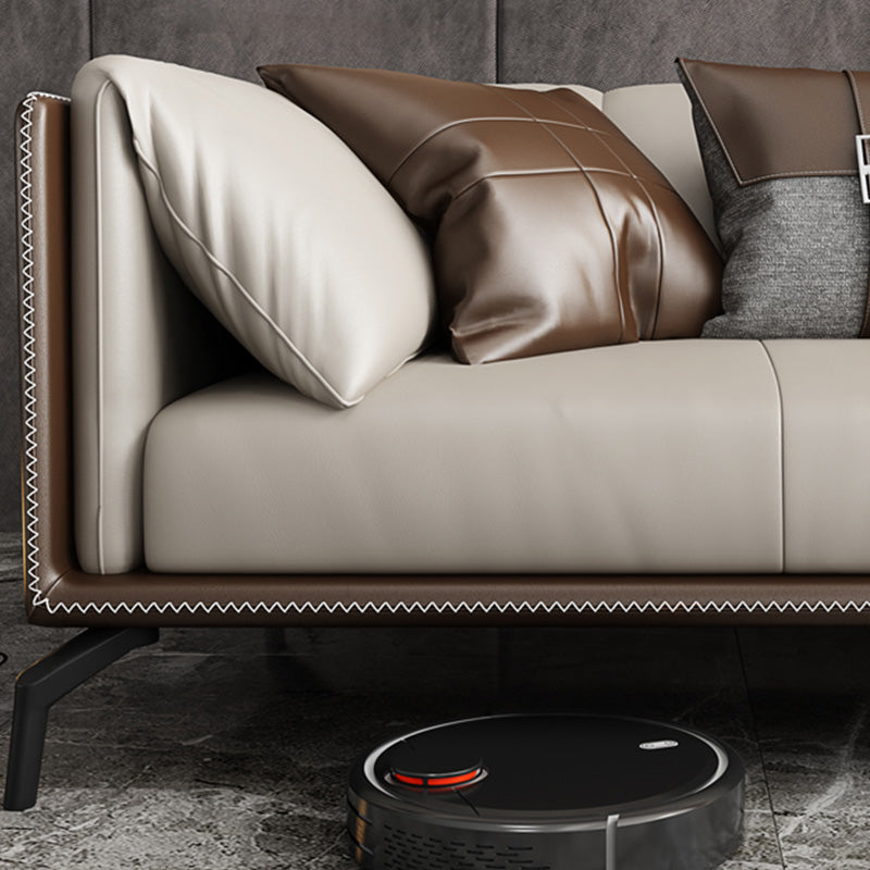 Genuine Leather Tuxedo Arm Sofa Contemporary Brown Sofa with Cushions