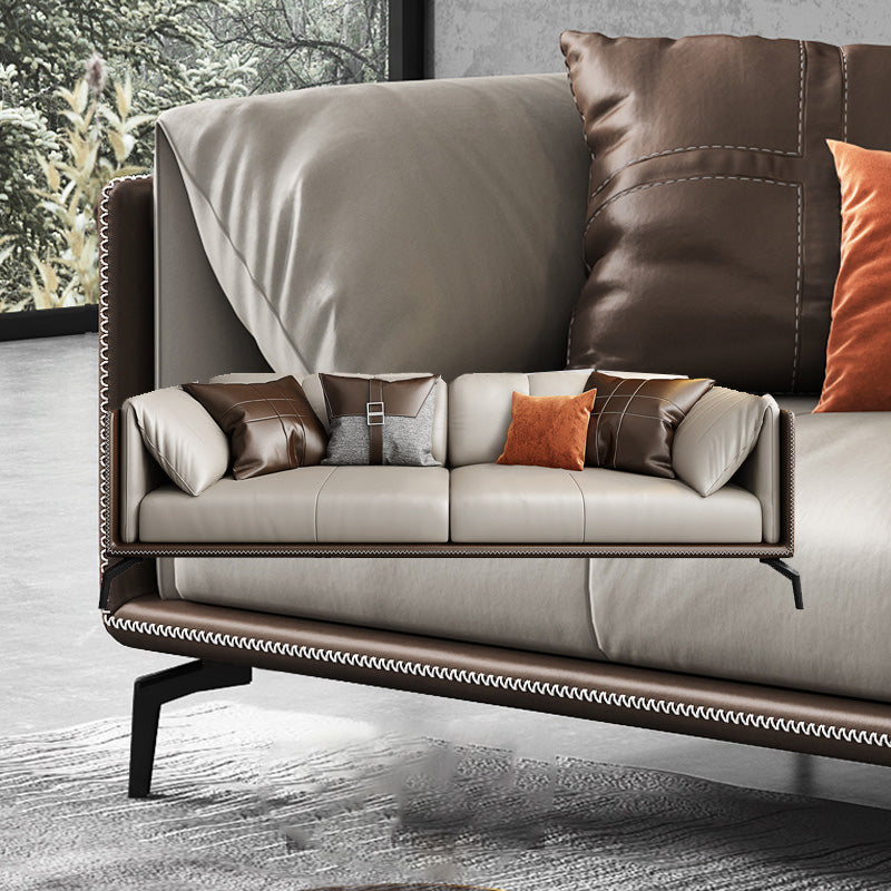 Genuine Leather Tuxedo Arm Sofa Contemporary Brown Sofa with Cushions