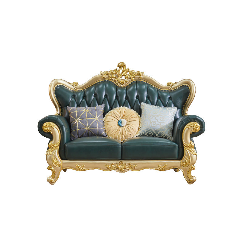 Tufted Split-Back Sofa Green Genuine Leather Rolled Arm Sofa with Nailhead