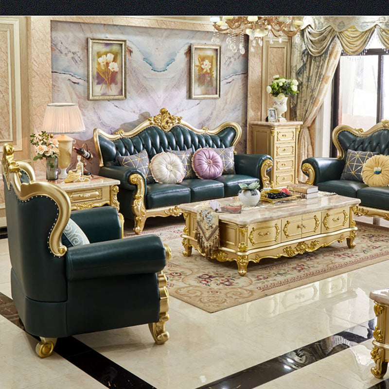 Tufted Split-Back Sofa Green Genuine Leather Rolled Arm Sofa with Nailhead