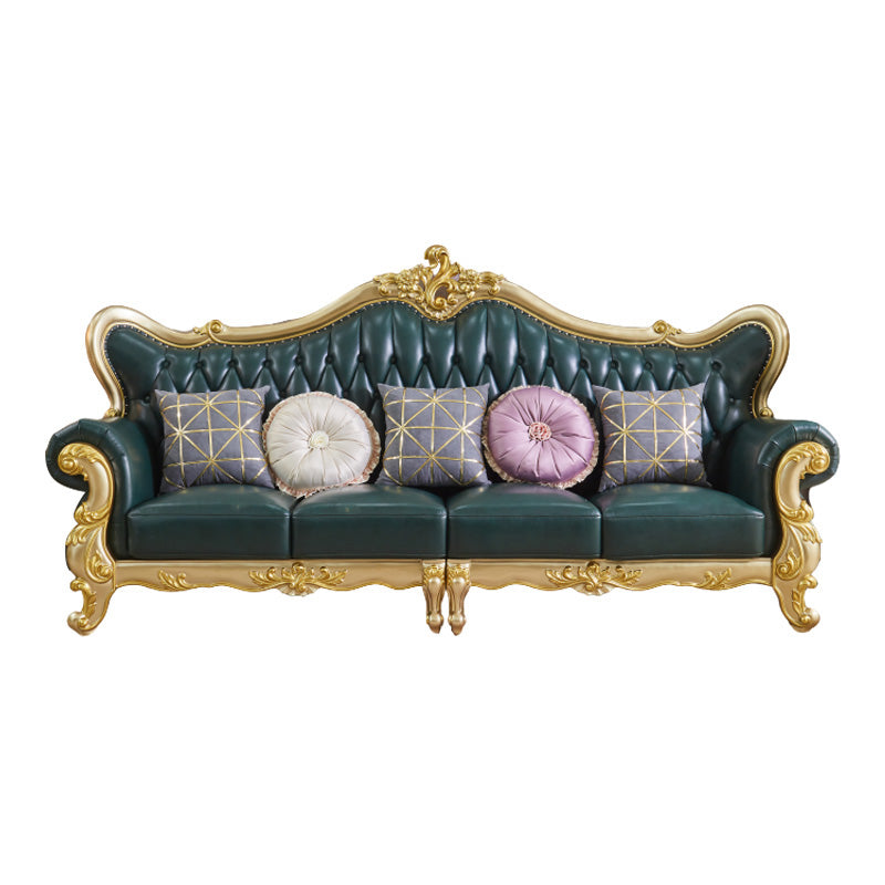 Tufted Split-Back Sofa Green Genuine Leather Rolled Arm Sofa with Nailhead