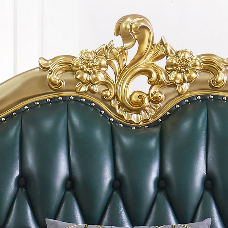 Tufted Split-Back Sofa Green Genuine Leather Rolled Arm Sofa with Nailhead