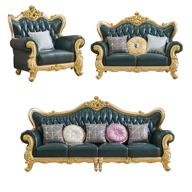 Tufted Split-Back Sofa Green Genuine Leather Rolled Arm Sofa with Nailhead