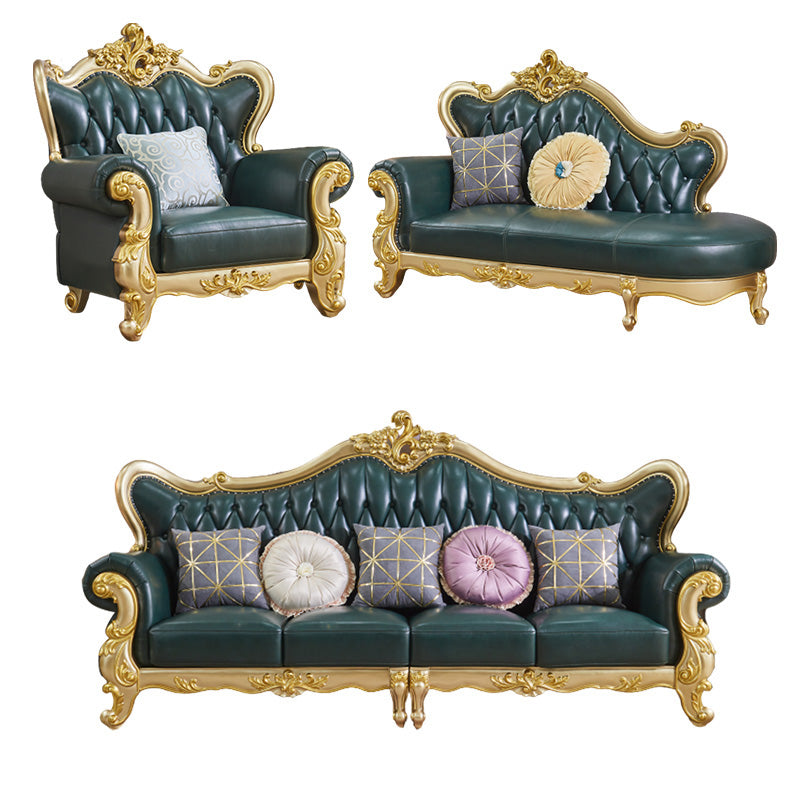 Tufted Split-Back Sofa Green Genuine Leather Rolled Arm Sofa with Nailhead