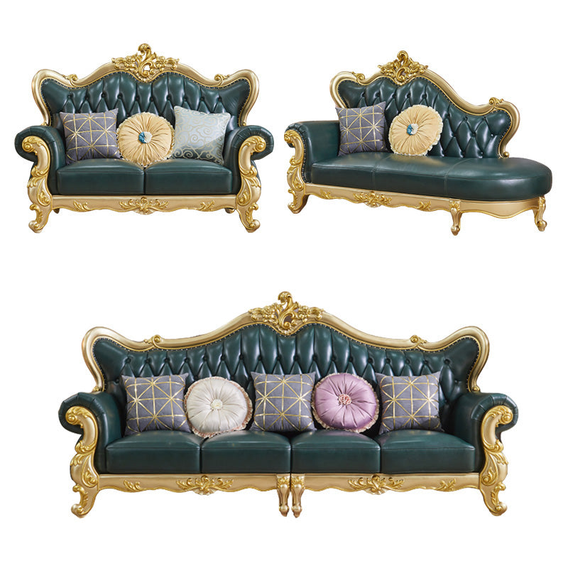 Tufted Split-Back Sofa Green Genuine Leather Rolled Arm Sofa with Nailhead