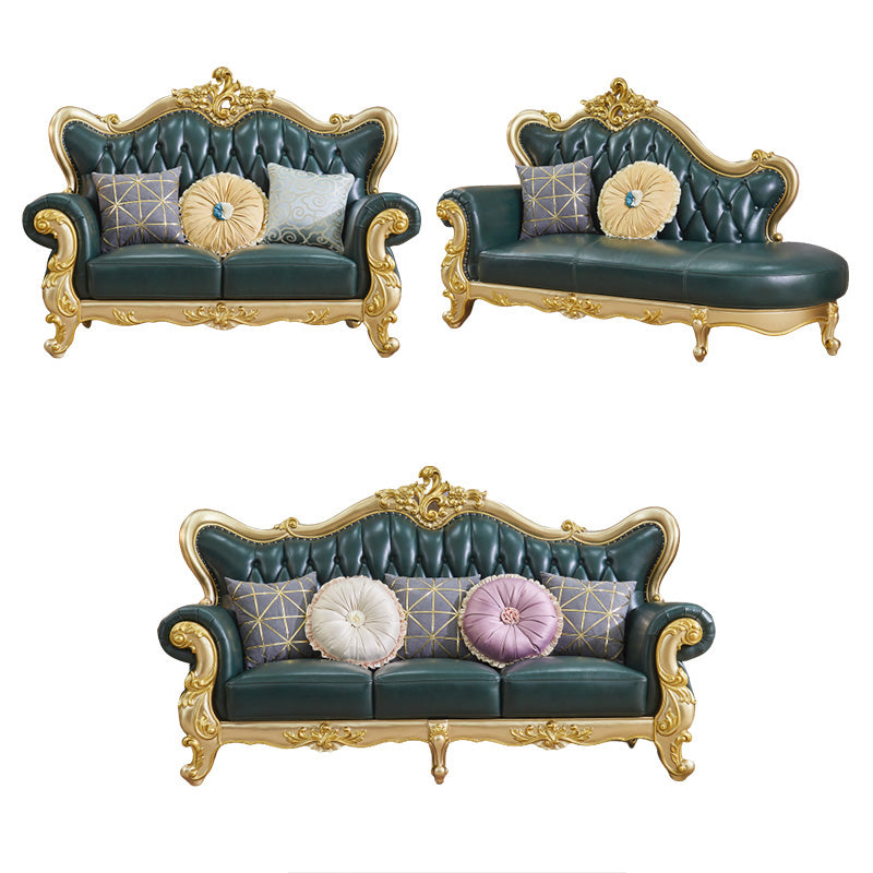 Tufted Split-Back Sofa Green Genuine Leather Rolled Arm Sofa with Nailhead