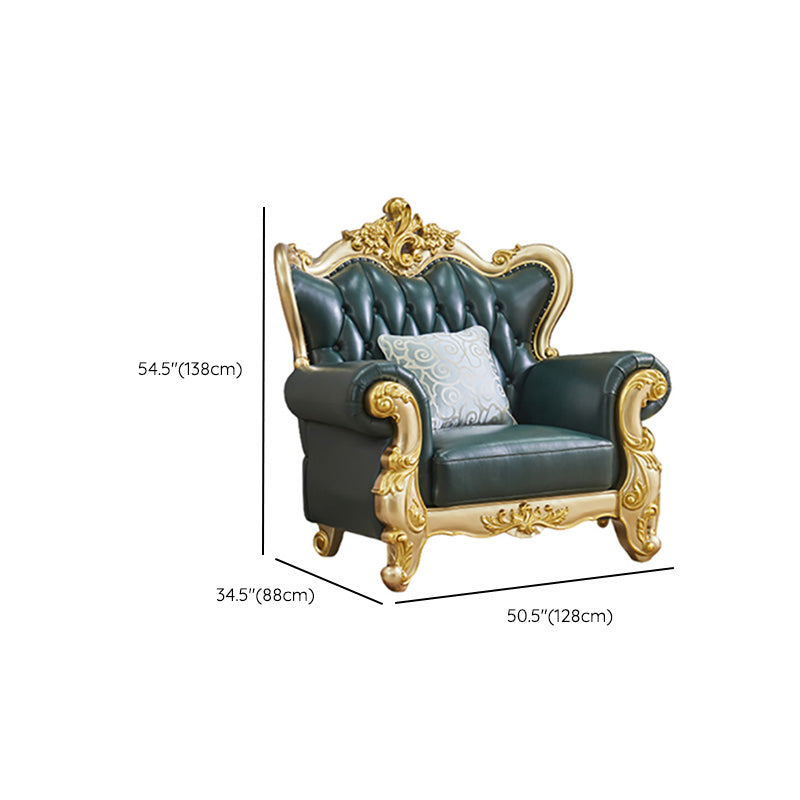 Tufted Split-Back Sofa Green Genuine Leather Rolled Arm Sofa with Nailhead