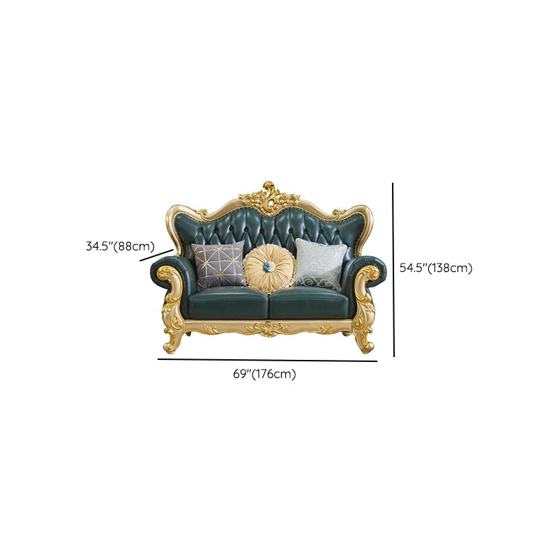 Tufted Split-Back Sofa Green Genuine Leather Rolled Arm Sofa with Nailhead