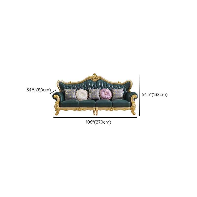 Tufted Split-Back Sofa Green Genuine Leather Rolled Arm Sofa with Nailhead