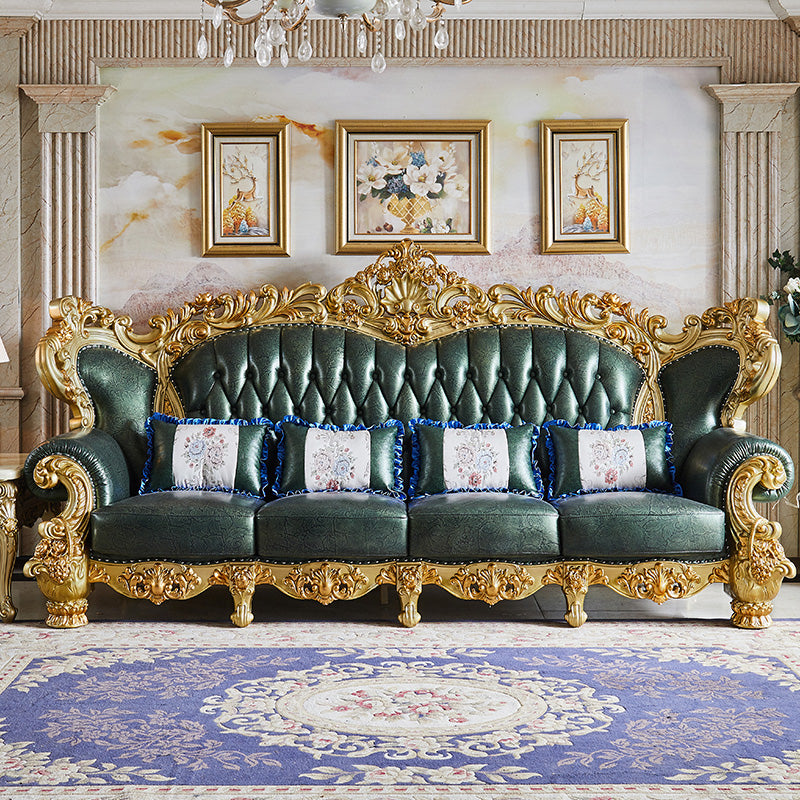 Green Genuine Leather Sofa Tufted Split-Back Rolled Arm Sofa