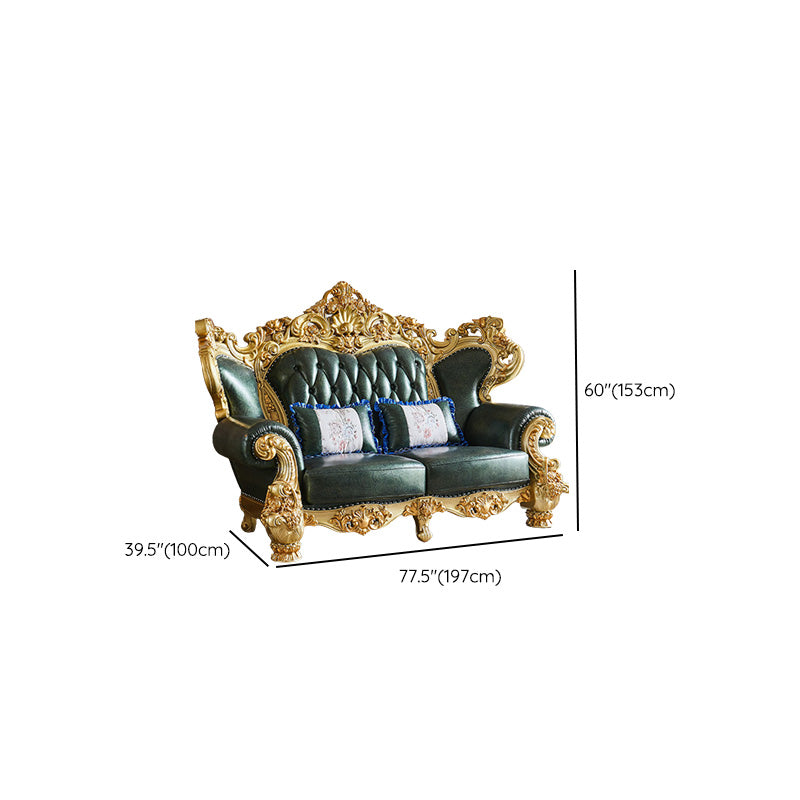 Green Genuine Leather Sofa Tufted Split-Back Rolled Arm Sofa
