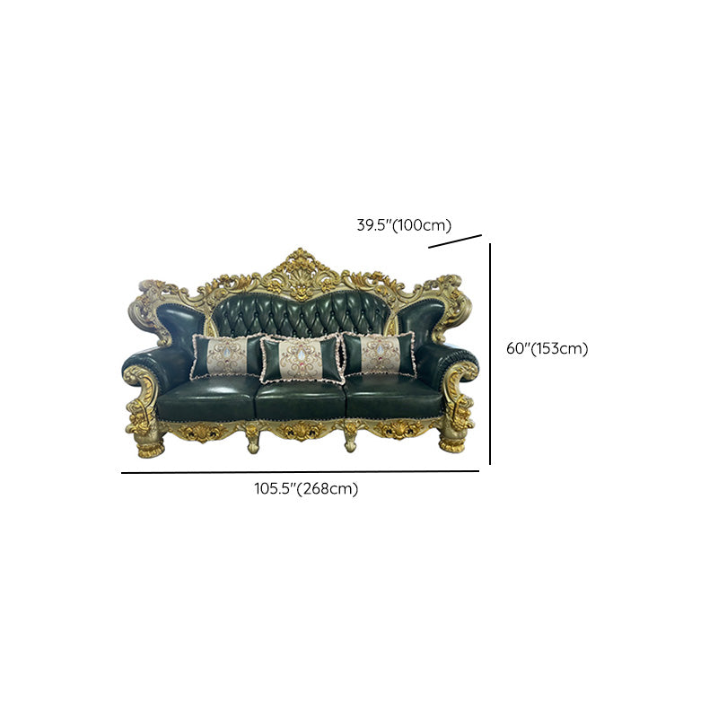 Green Genuine Leather Sofa Tufted Split-Back Rolled Arm Sofa