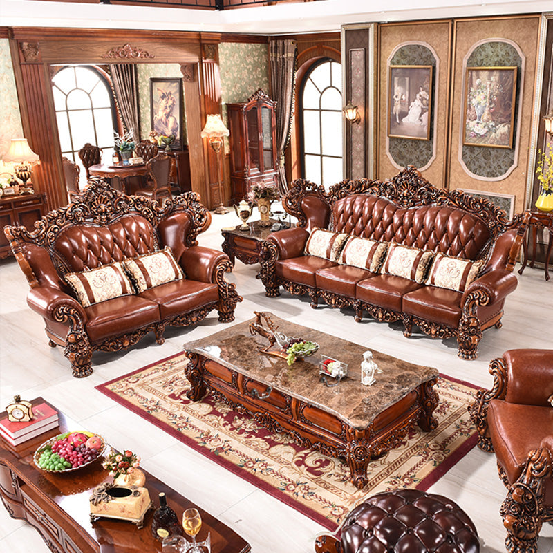Genuine Leather Sofa Brown Tufted Split-Back Rolled Arm Sofa