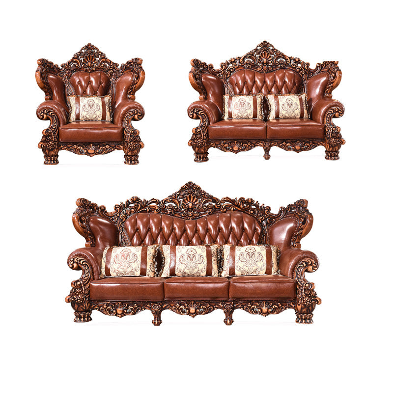 Genuine Leather Sofa Brown Tufted Split-Back Rolled Arm Sofa