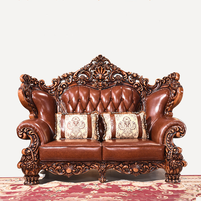 Genuine Leather Sofa Brown Tufted Split-Back Rolled Arm Sofa