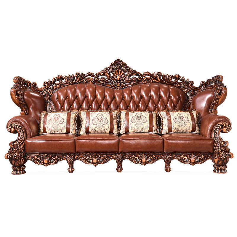 Genuine Leather Sofa Brown Tufted Split-Back Rolled Arm Sofa