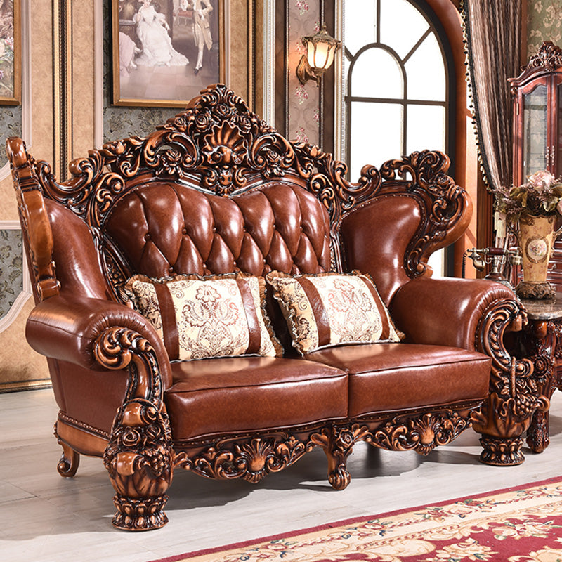 Genuine Leather Sofa Brown Tufted Split-Back Rolled Arm Sofa