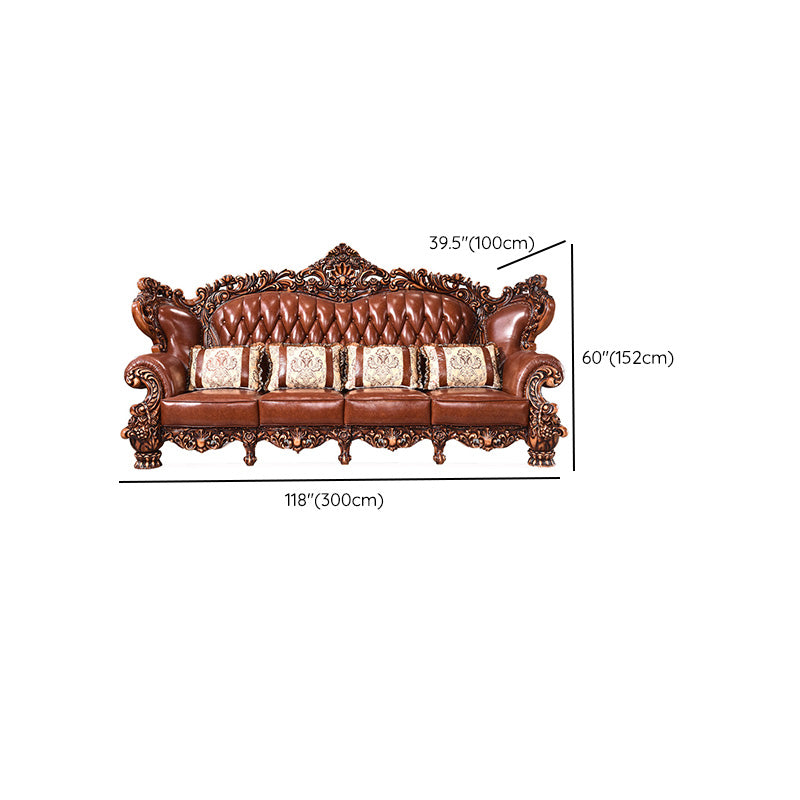 Genuine Leather Sofa Brown Tufted Split-Back Rolled Arm Sofa