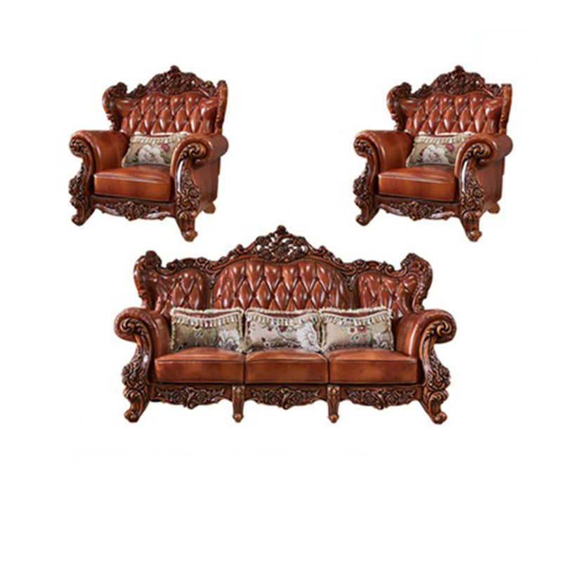 Genuine Leather Sofa Brown Tufted Split-Back Rolled Arm Sofa for Living Room