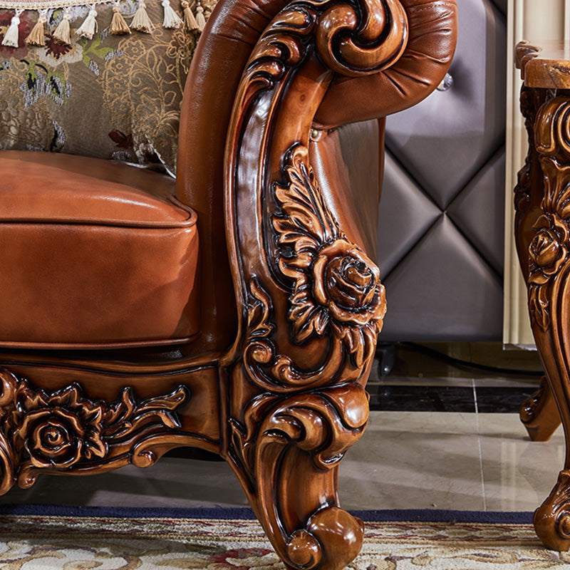 Genuine Leather Sofa Brown Tufted Split-Back Rolled Arm Sofa for Living Room