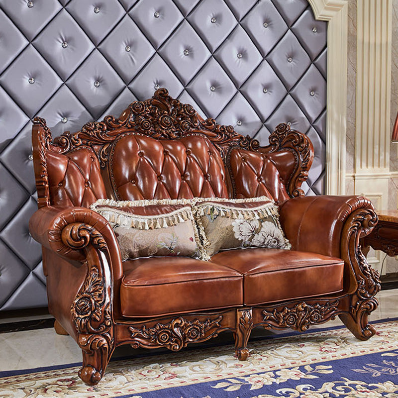 Genuine Leather Sofa Brown Tufted Split-Back Rolled Arm Sofa for Living Room