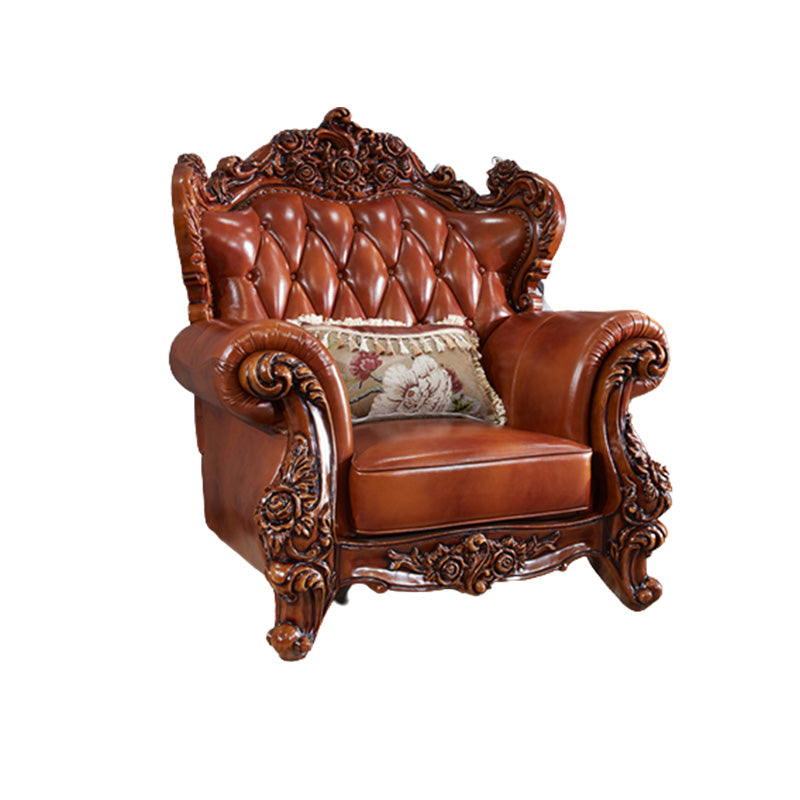 Genuine Leather Sofa Brown Tufted Split-Back Rolled Arm Sofa for Living Room