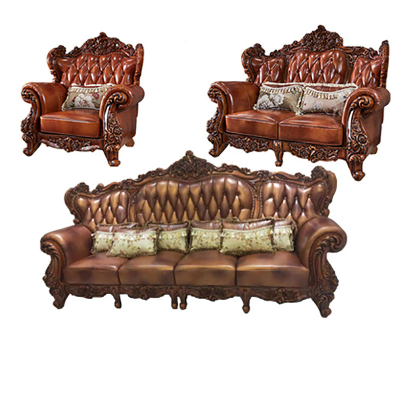 Genuine Leather Sofa Brown Tufted Split-Back Rolled Arm Sofa for Living Room