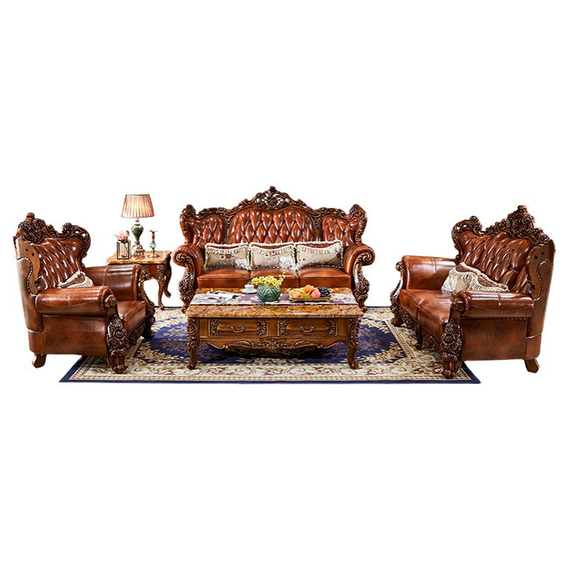 Genuine Leather Sofa Brown Tufted Split-Back Rolled Arm Sofa for Living Room